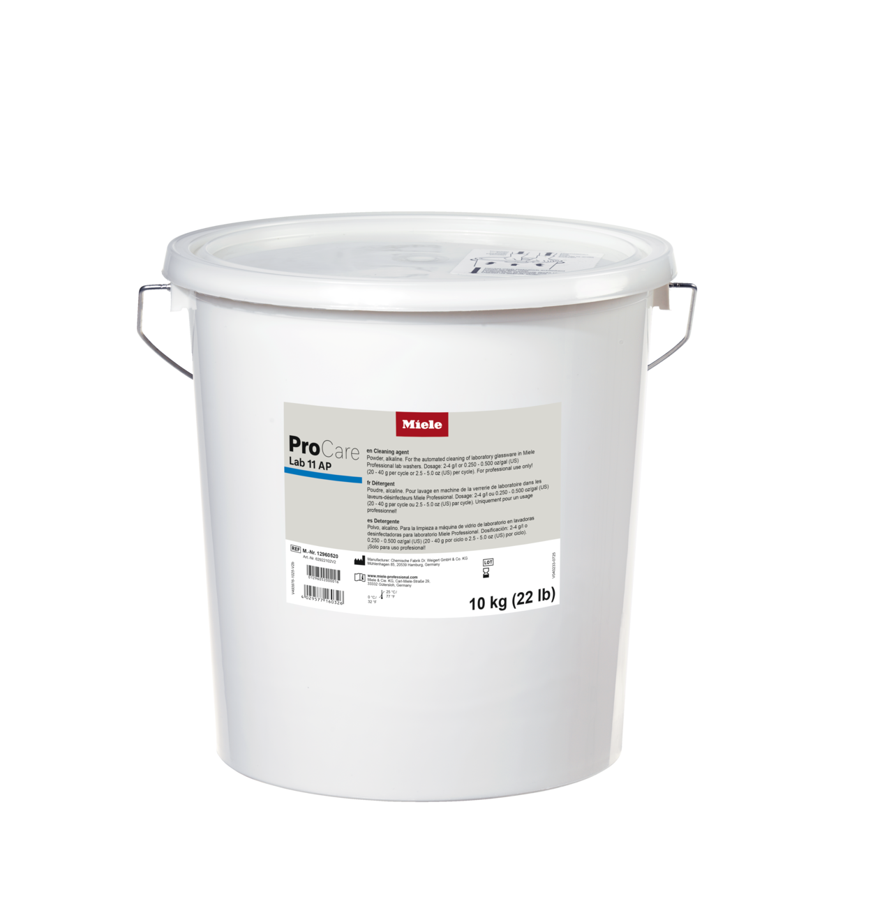 White plastic pail of Miele ProCare Lab 11 AP laboratory cleaning agent, 10 kg (22 lb), with label and metal handle.