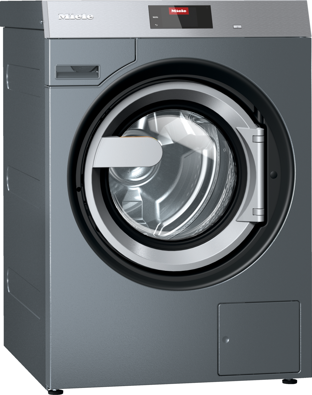 Miele front‑loading washing machine with a round glass door and top digital display panel in gray finish.