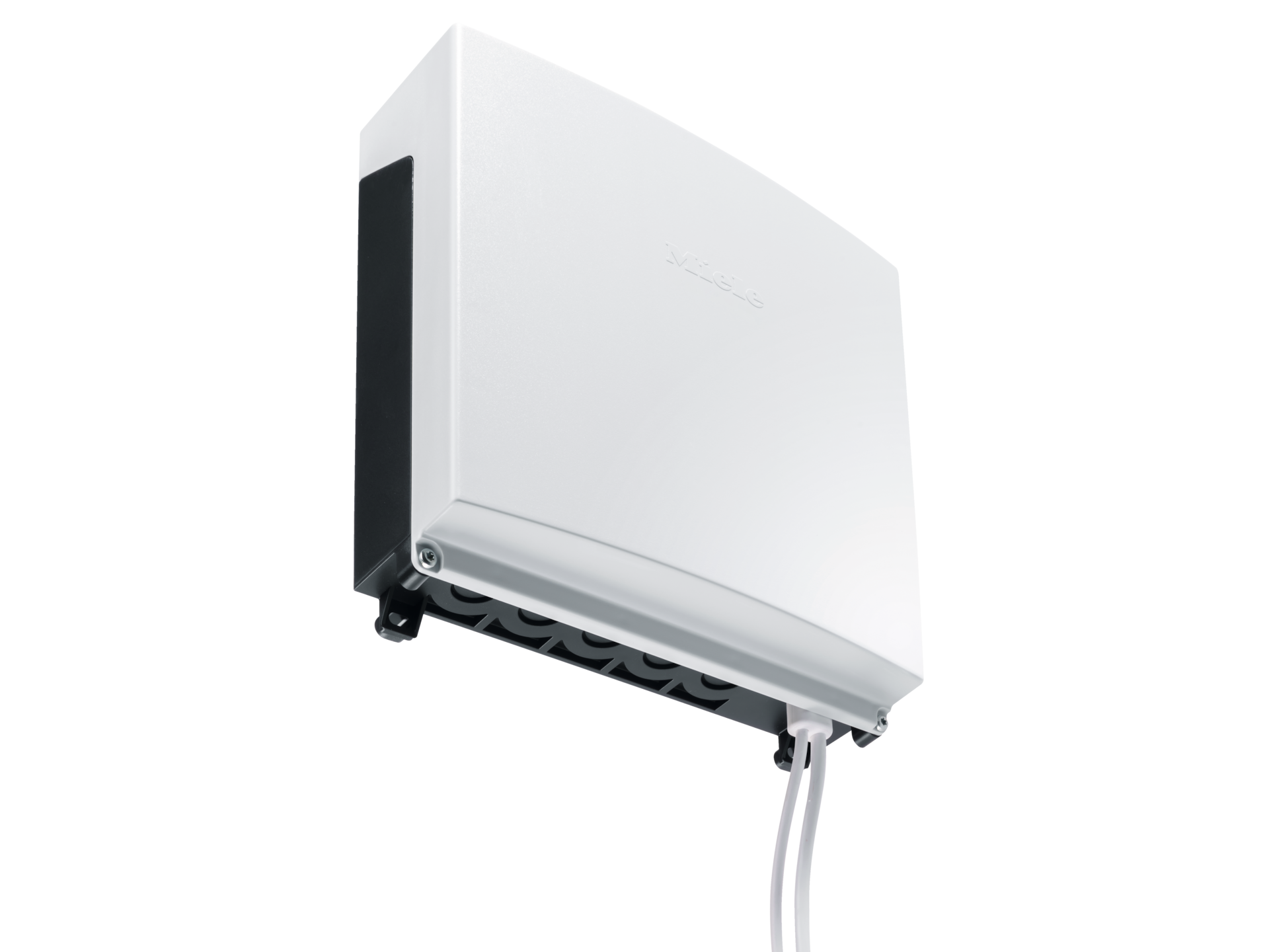 Hvitt veggholder-betjeningsskap med buet frontpanel og kabler som kommer ut fra bunnen.