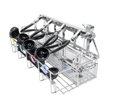 Stainless steel endoscope reprocessing basket with multiple hoses, quick-connect fittings, wire trays, and color-coded holders for cleaning.