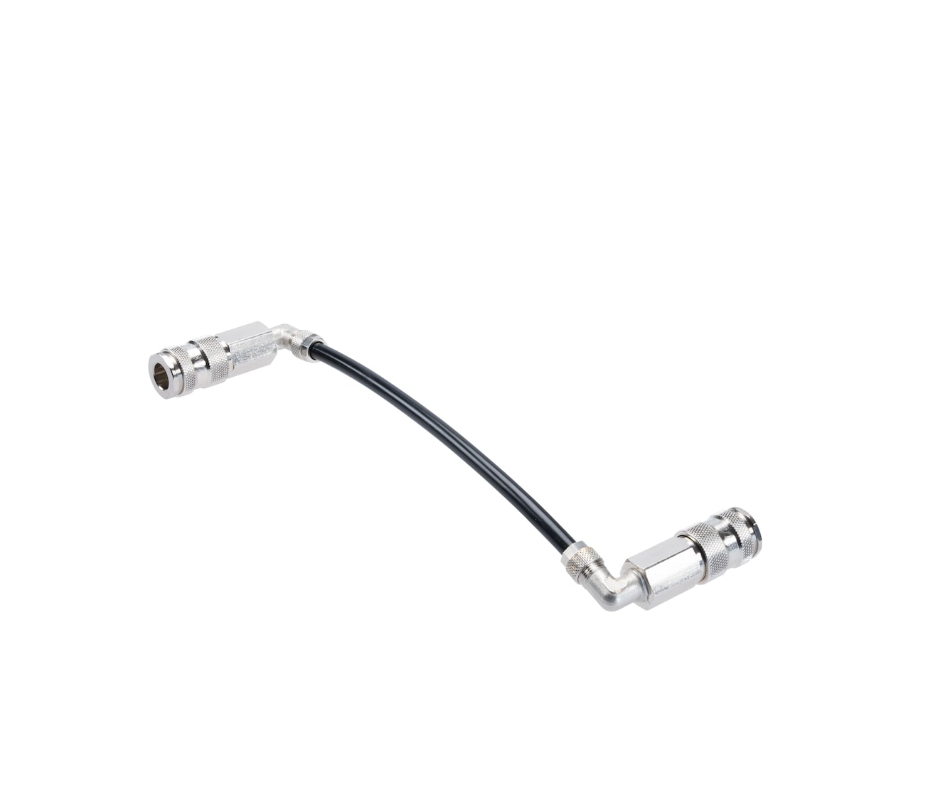 Short RF coax patch cable with right‑angle metal connectors, for routing signals in tight equipment spaces.