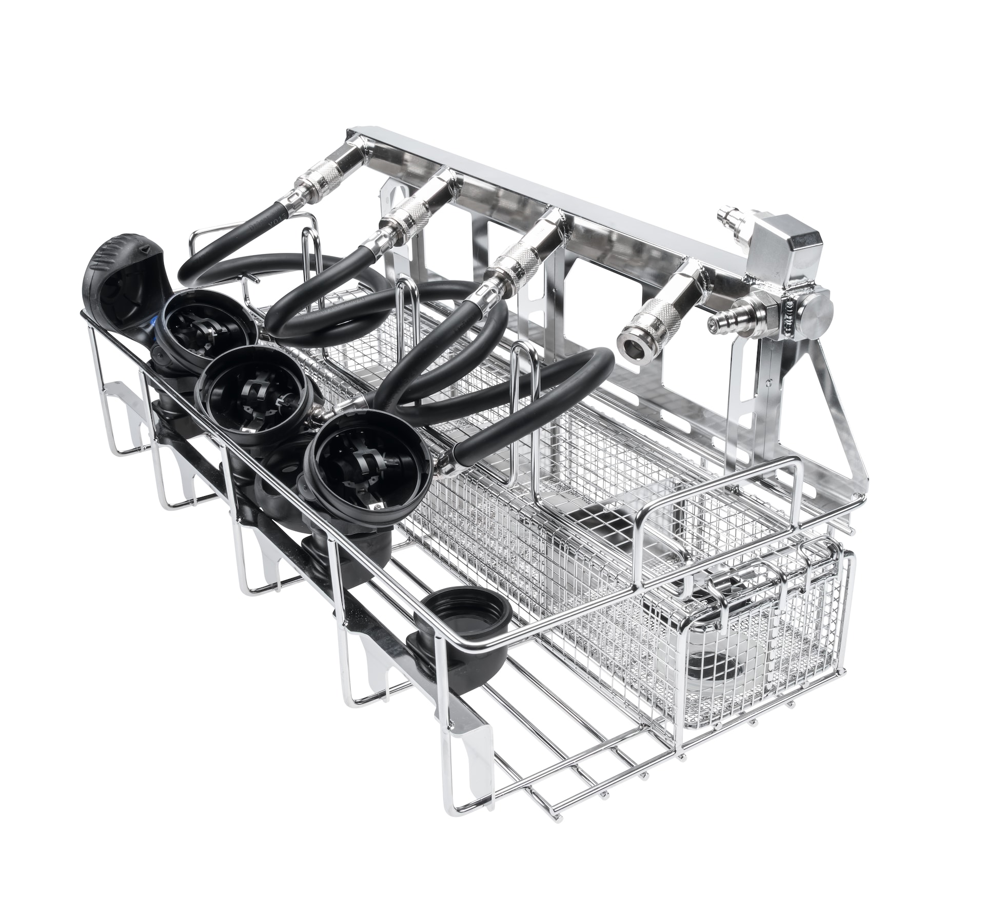 Stainless steel instrument washer rack with hose connectors and wire baskets for cleaning medical tubing and parts.