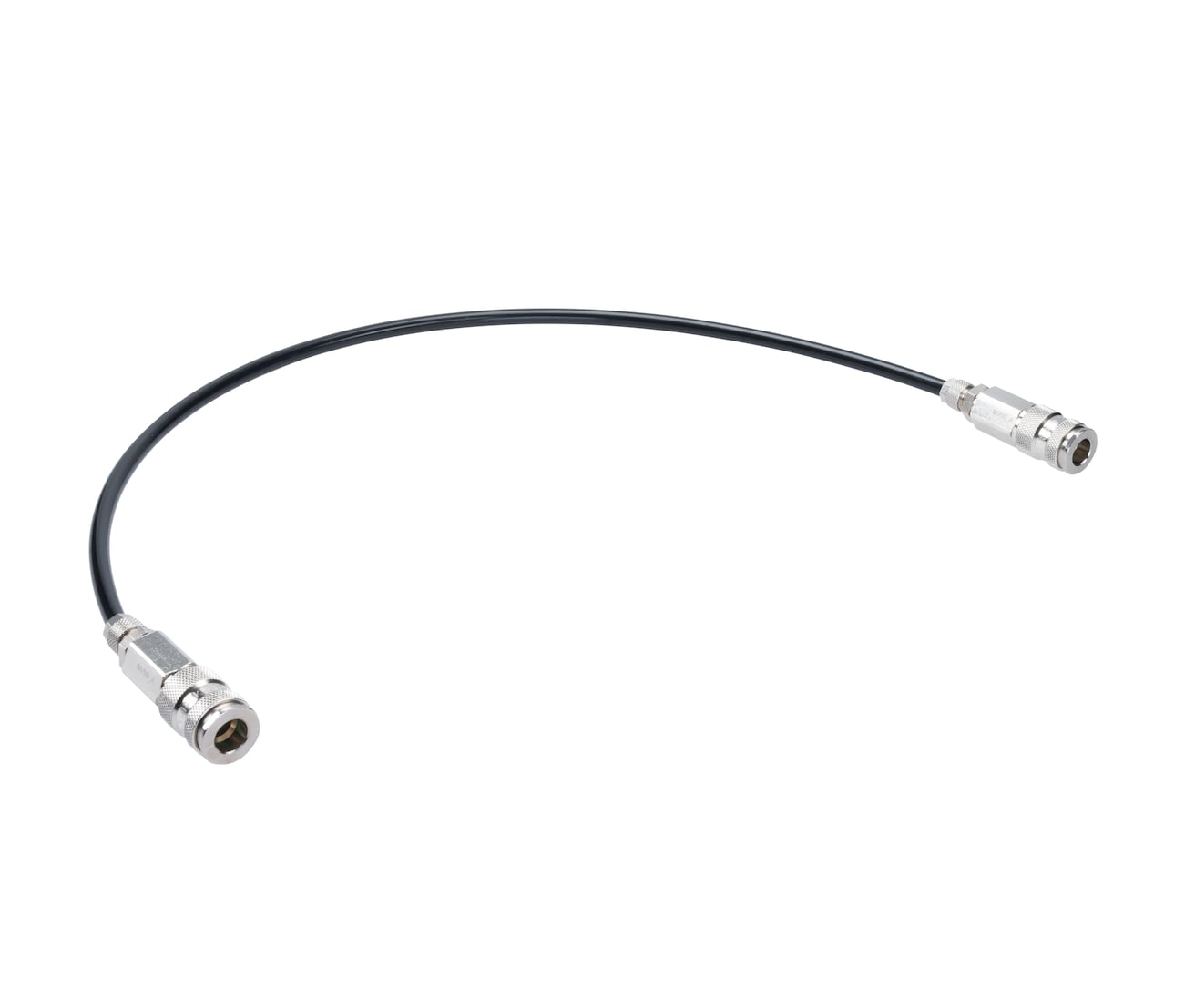 Black coaxial patch cable with two metal BNC connectors at each end, curved and isolated on white background.