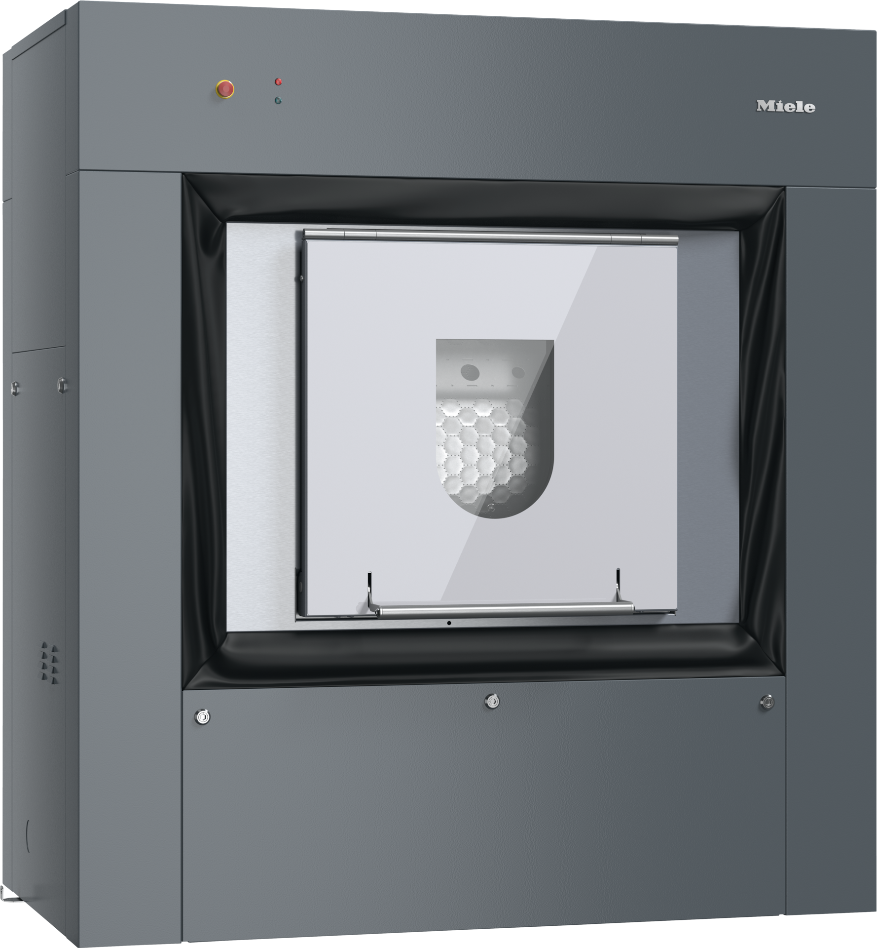 Miele industriell frontlastende vaskerimaskin i mørkegrått med en liten sentral tilgangsdør som viser en skånetrommel.