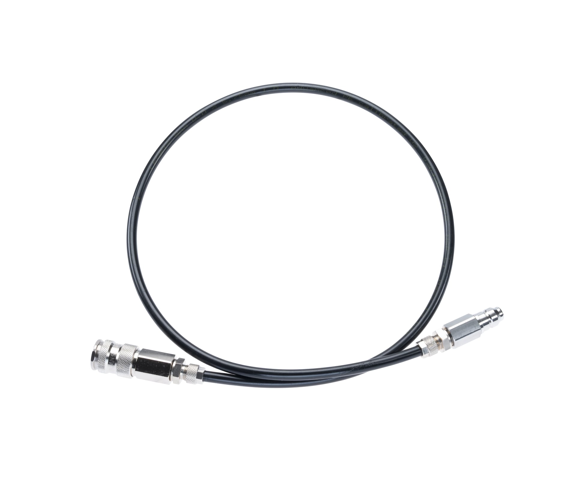 Black pneumatic hose with metal quick-connect fittings on both ends, used to connect air tools to compressors.
