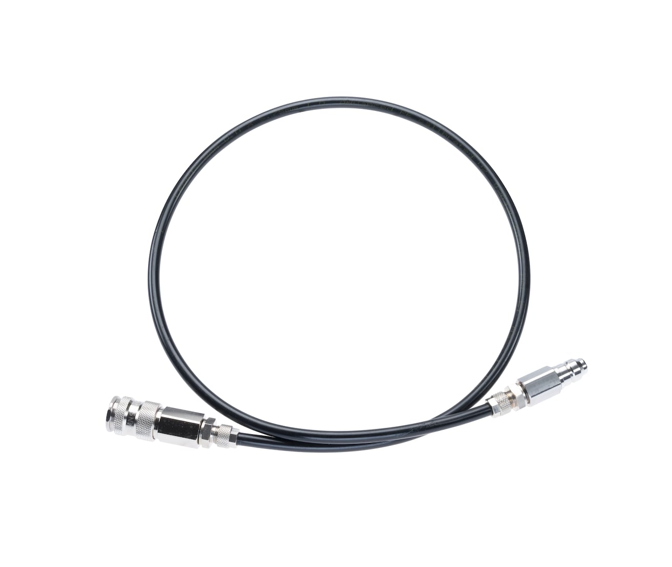 Black pneumatic hose with metal quick-connect fittings on both ends, used to connect air tools to compressors.