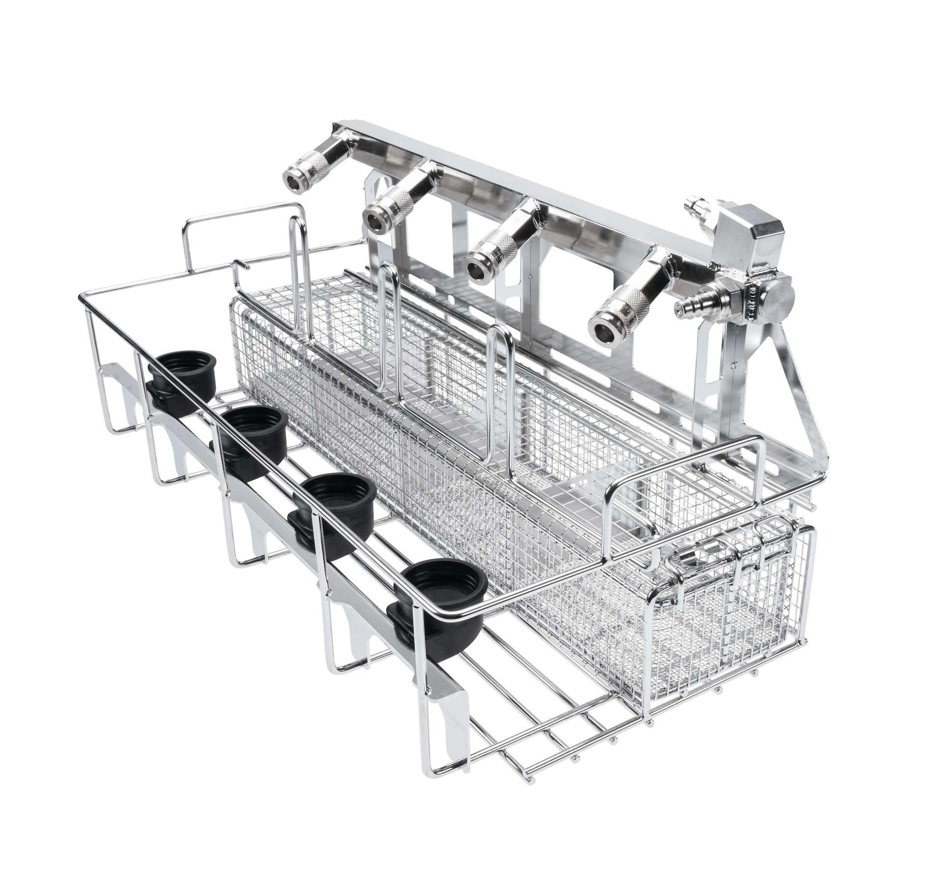 Stainless steel industrial wash rack with wire baskets, multiple spray nozzles, and side holders for parts cleaning.