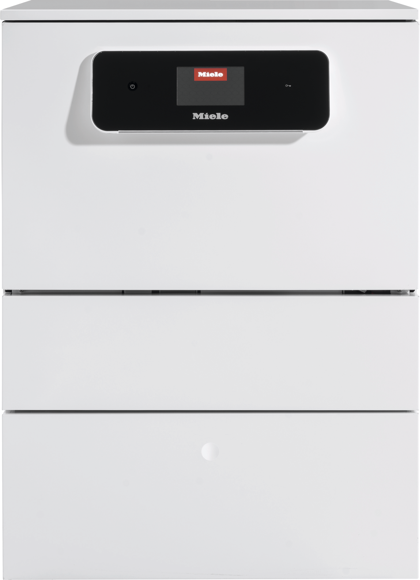 Fronten av et hvitt Miele-produkt med svart betjeningspanel med berøringsskjerm, muligens en oppvaskmaskin eller sterilisator, mot en ensfarget bakgrunn.
