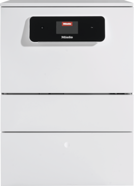 Fronten av et hvitt Miele-produkt med svart betjeningspanel med berøringsskjerm, muligens en oppvaskmaskin eller sterilisator, mot en ensfarget bakgrunn.