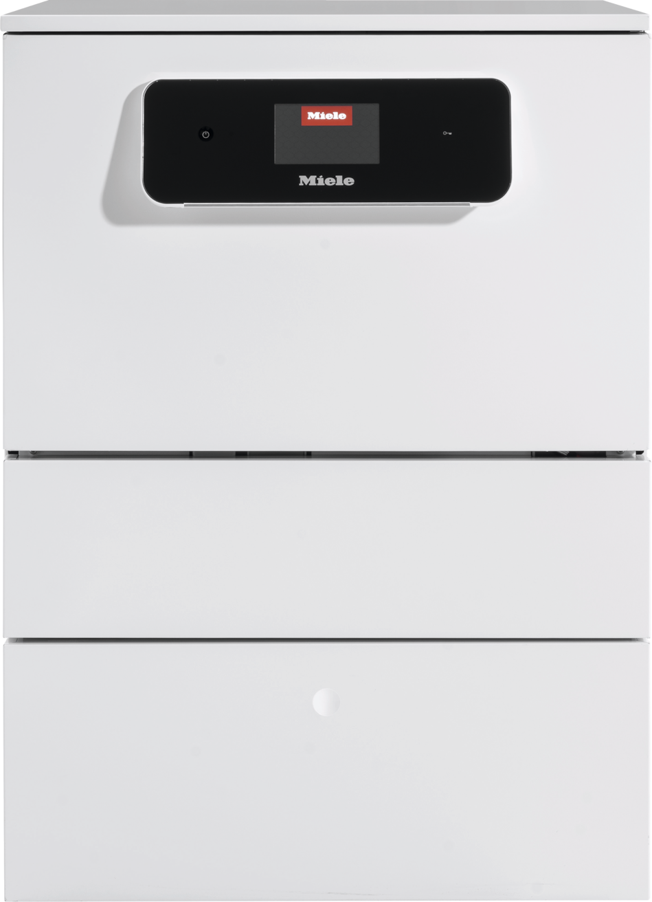 Fronten av et hvitt Miele-produkt med svart betjeningspanel med berøringsskjerm, muligens en oppvaskmaskin eller sterilisator, mot en ensfarget bakgrunn.