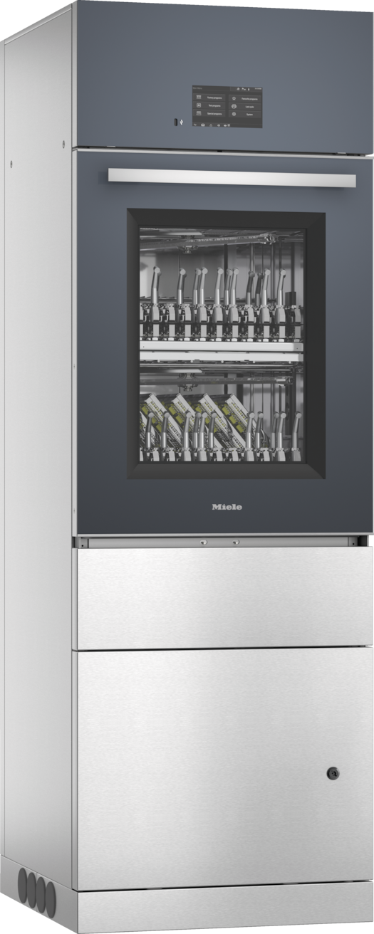 Miele-Reinigungs- und Desinfektionsgerät für medizinische Instrumente aus Edelstahl mit einer Gerätefront aus Glas und einer Touchscreen-Bedienblende.