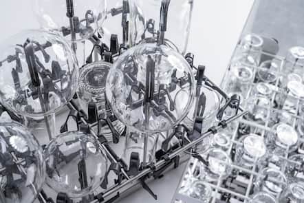 La verrerie de laboratoire, notamment les ballons à fond rond et les béchers, est placée dans un panier spécial pour lave-vaisselle afin d'être nettoyée.