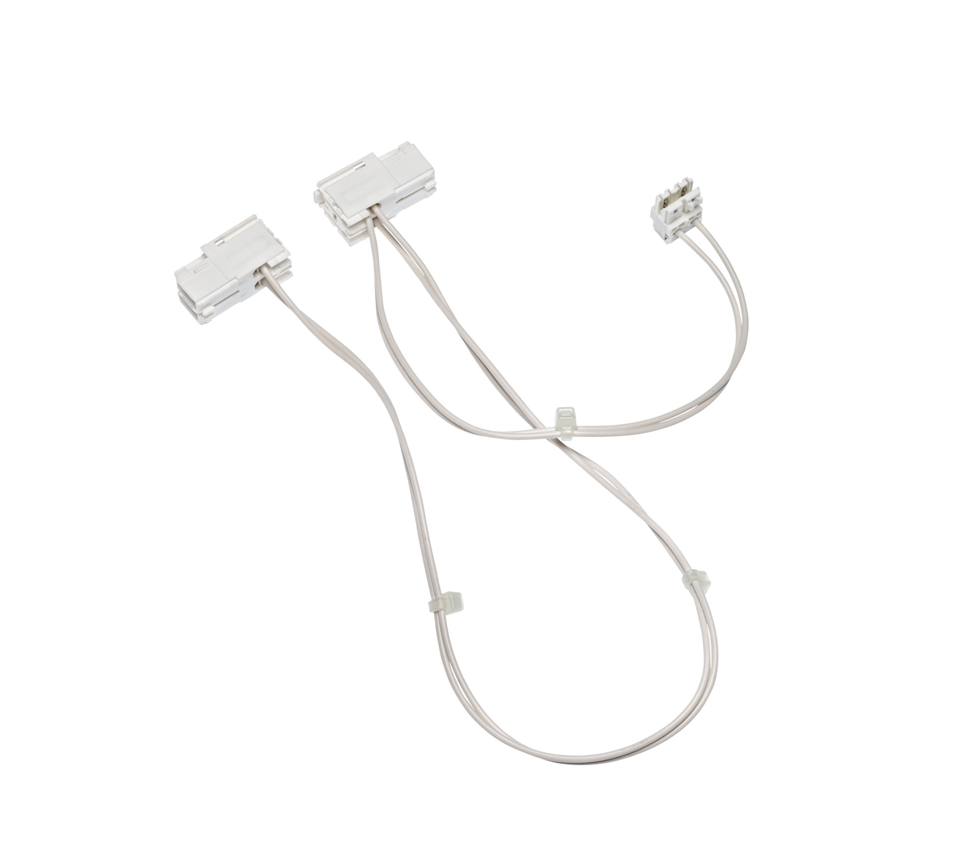 Chicote elétrico em forma de Y com dois plugues retangulares de conexão rápida e um conector de três pinos, fios transparentes e clipes.